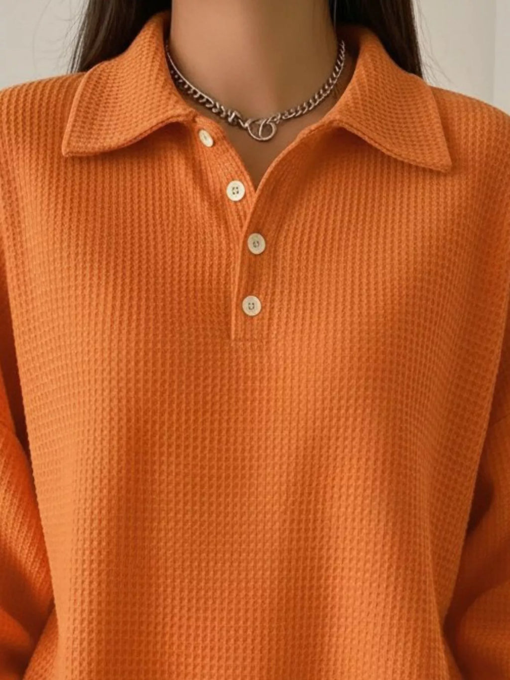 Full Size Waffle Knit Button Detail Top Plus Size