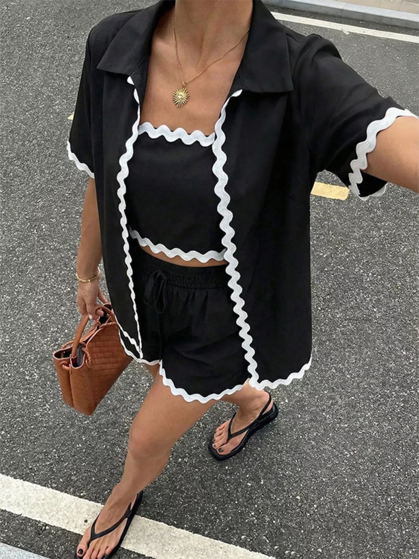 Scalloped Trim Cami & Cardigan & Shorts Set