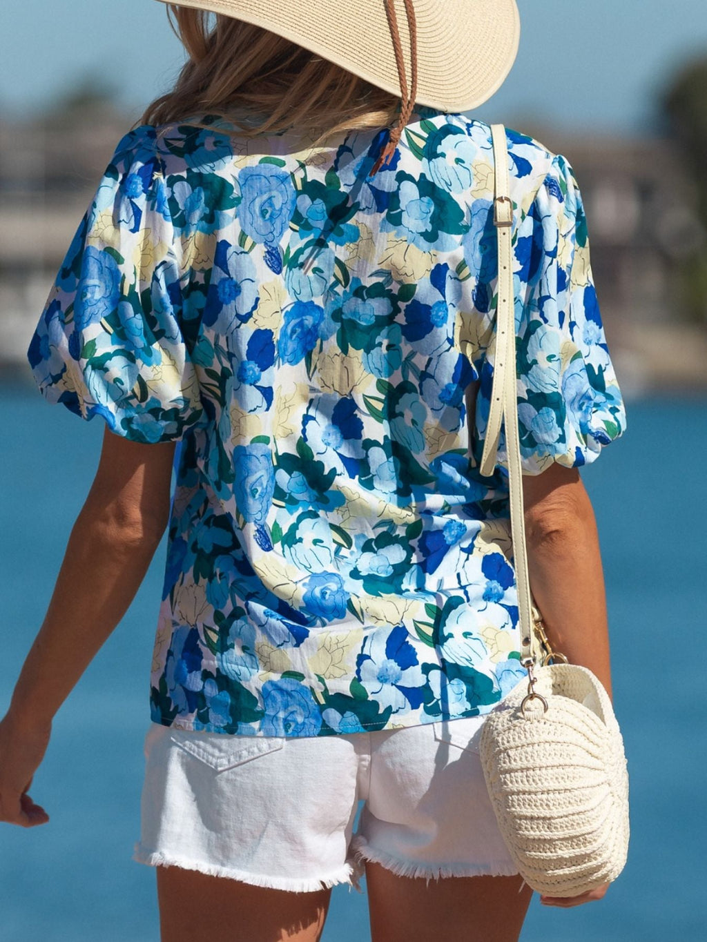 Floral Print Short Puff Sleeve V Neck Blouse
