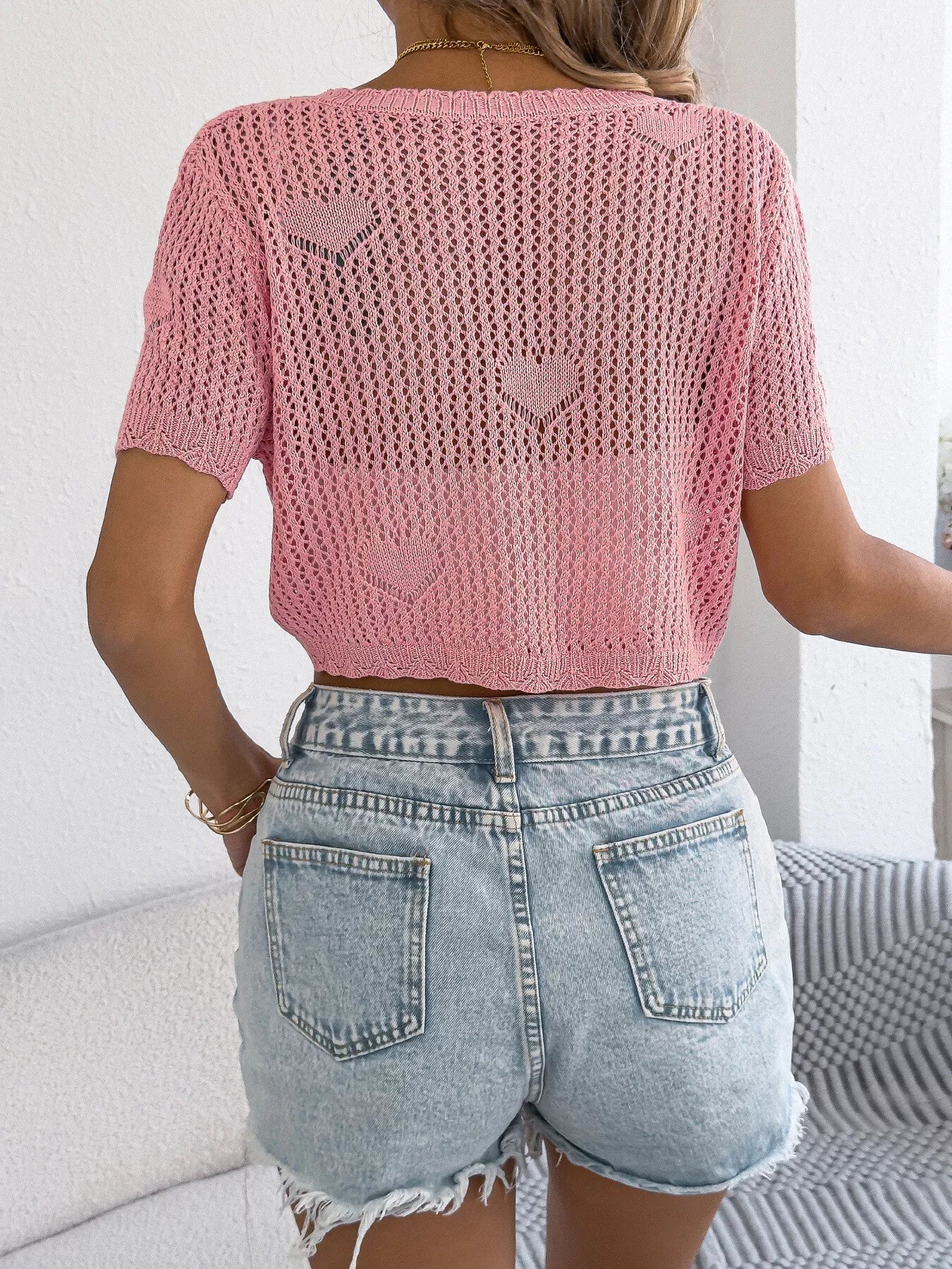 Crochet Heart Pattern Tie Front Cardigan