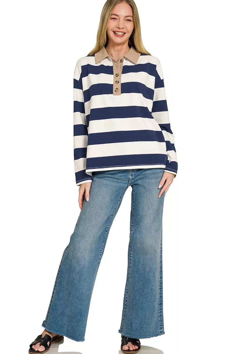 Zenana Striped Contrast Collar Polo Tee