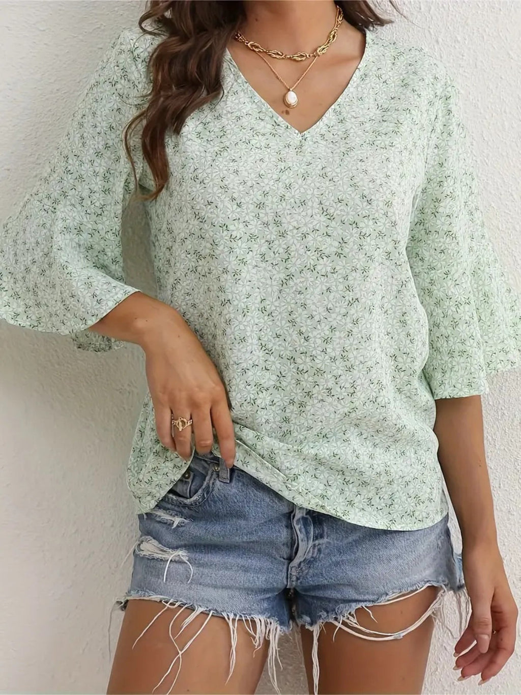 Floral Print V-Neck Bell Sleeve Blouse
