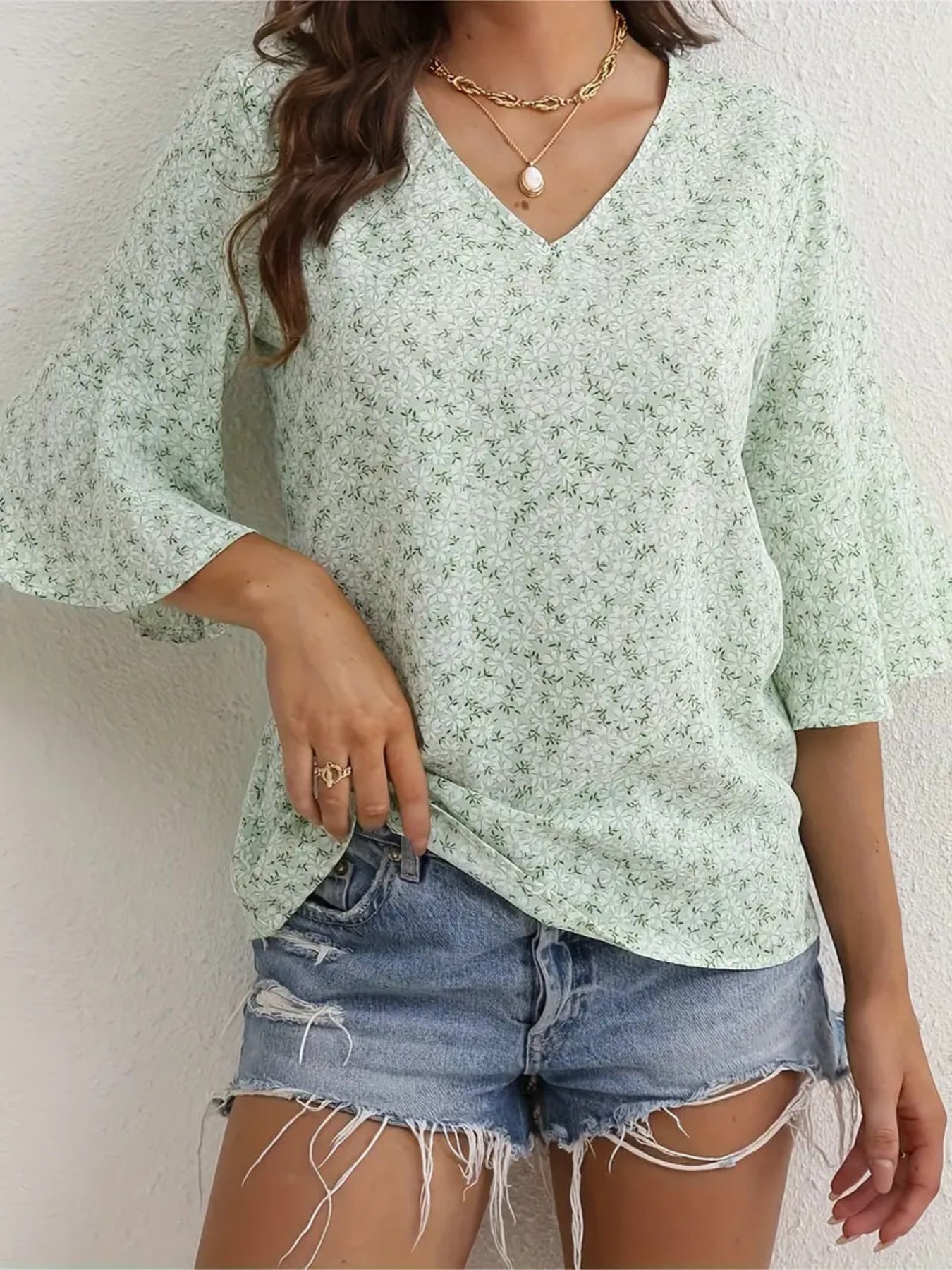 Floral Print V-Neck Bell Sleeve Blouse