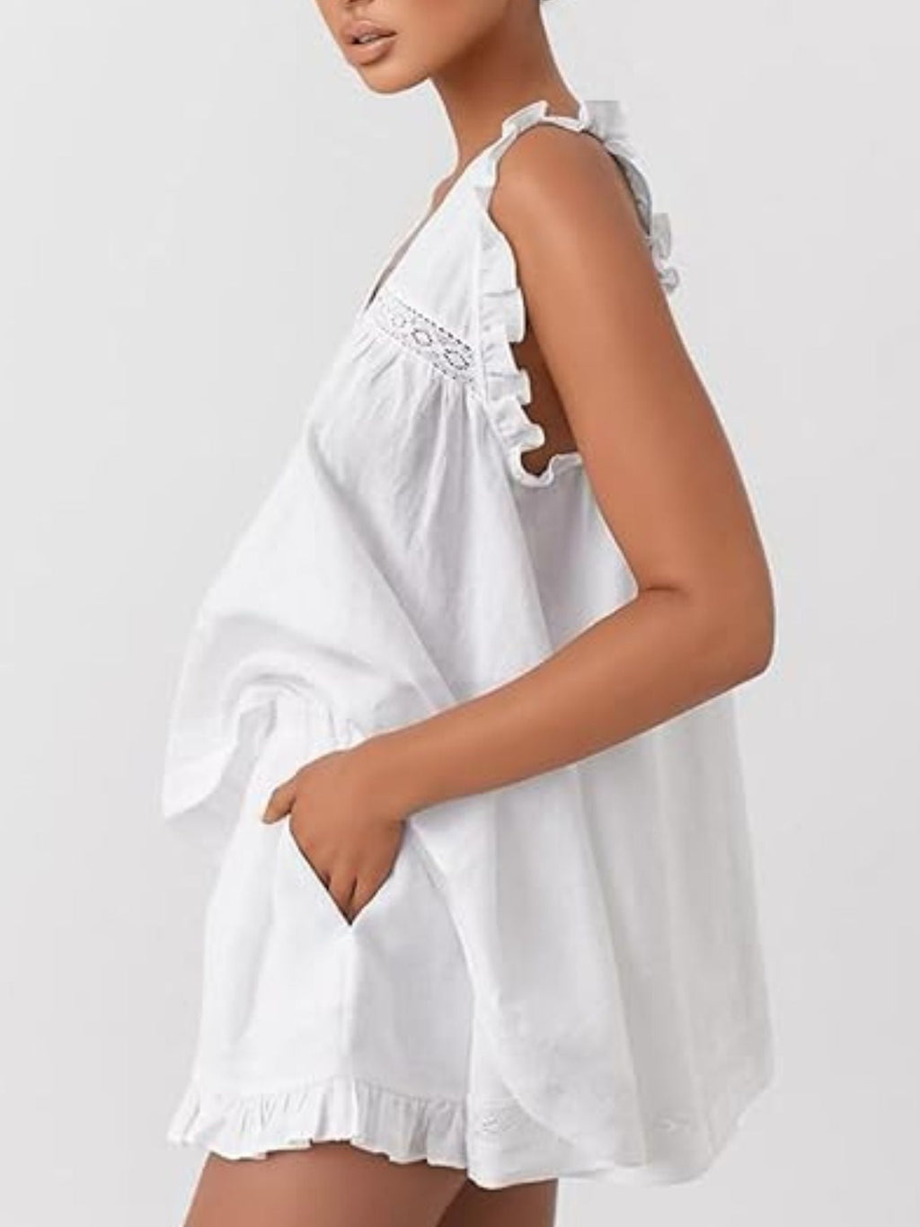 Ruffle Trim V-Neck Top and Shorts Set