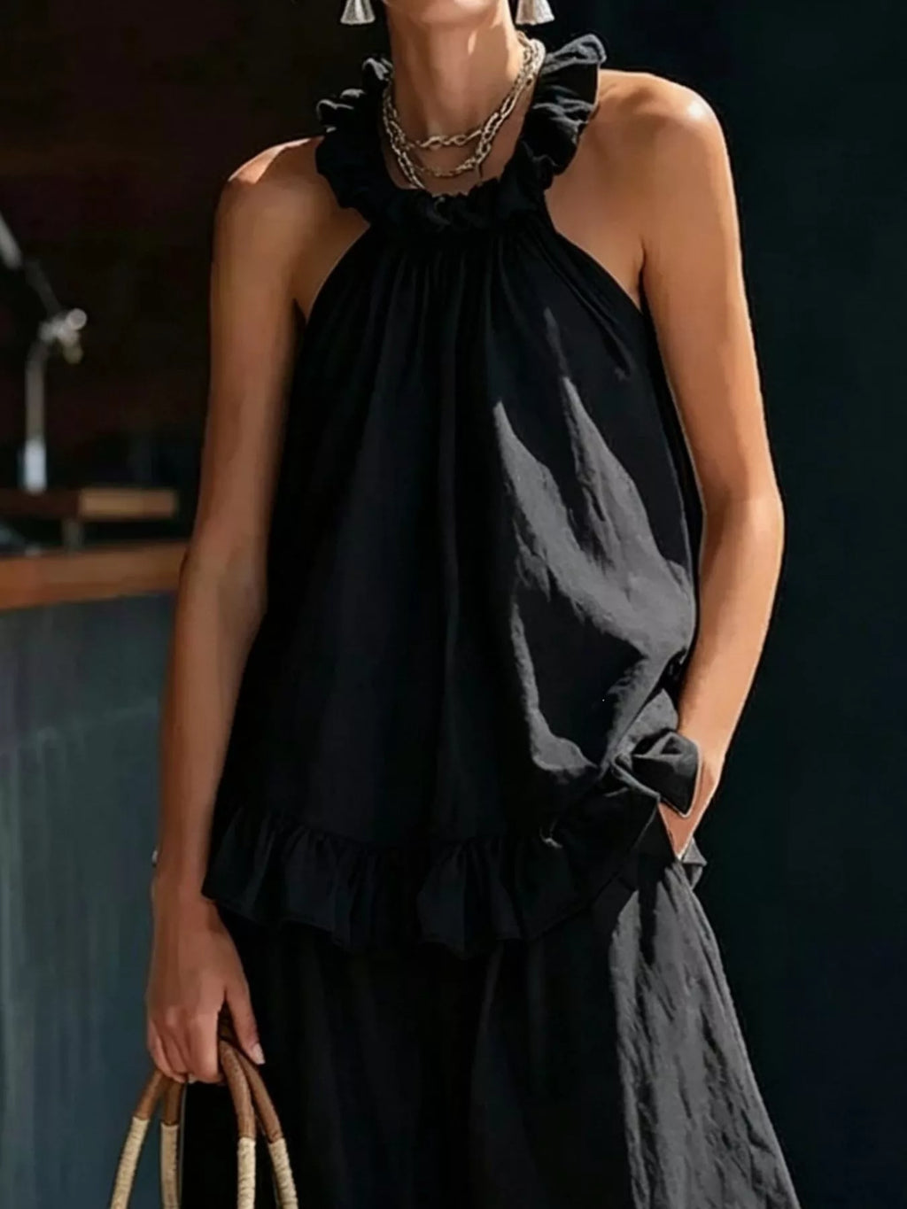 Full Size Ruffled Halter Neck Top and Wide-Leg Pants Set Plus Size