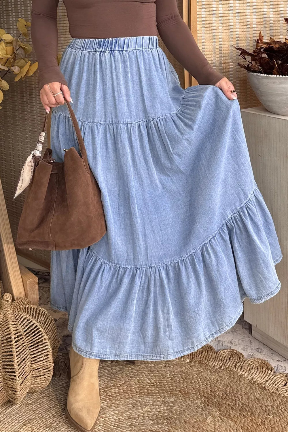 Elastic Waist Ruffled Tiered Flared Denim Maxi Skirt
