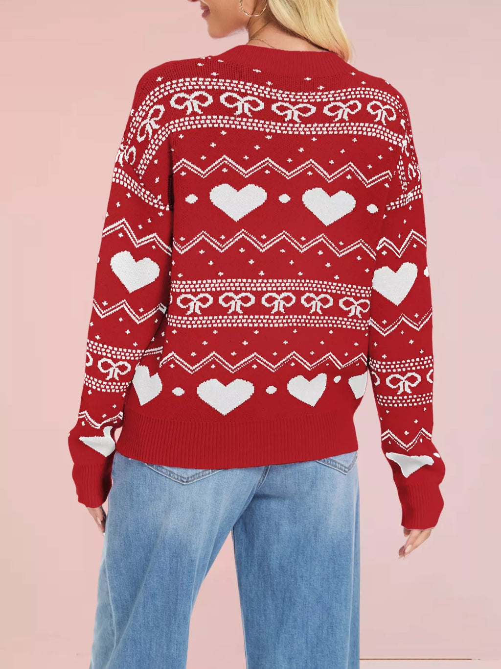 Heart & Bow Pattern Round Neck Sweater