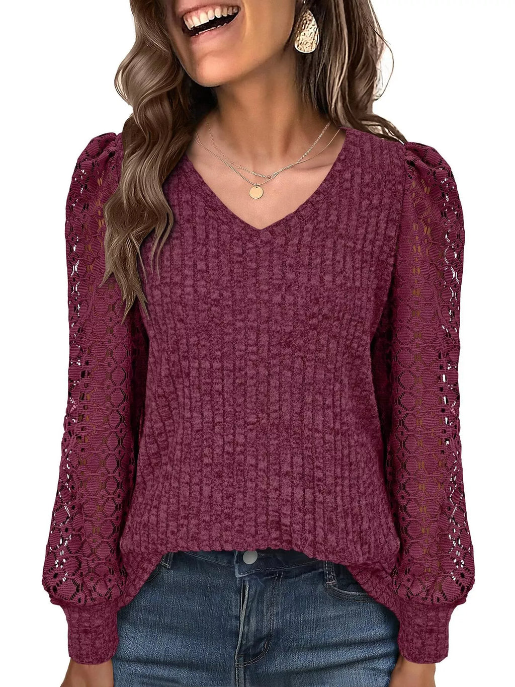 Lace Sleeve V-Neck T-Shirt
