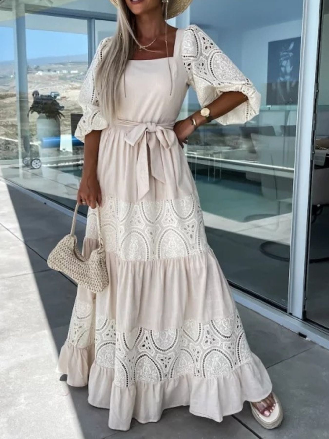 Lace Sleeve Belted Tiered Ruffled Maxi Dress