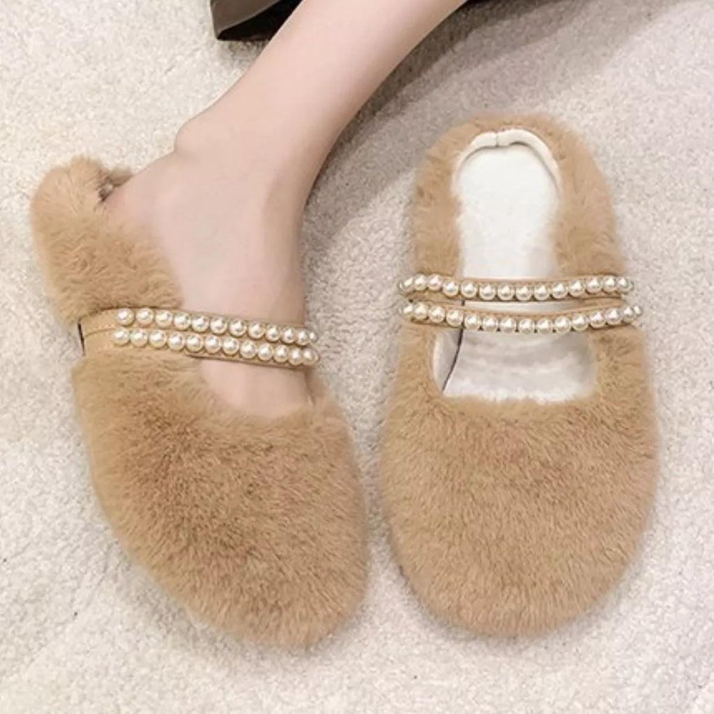 Pearl Embellished Plush Slippers