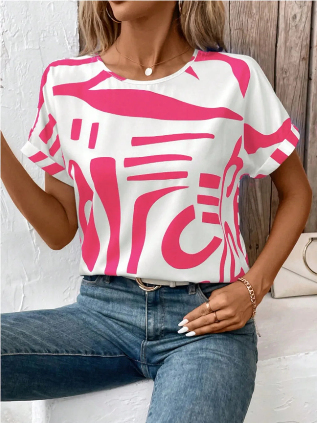 Contrast Round Neck Short Sleeve Blouse