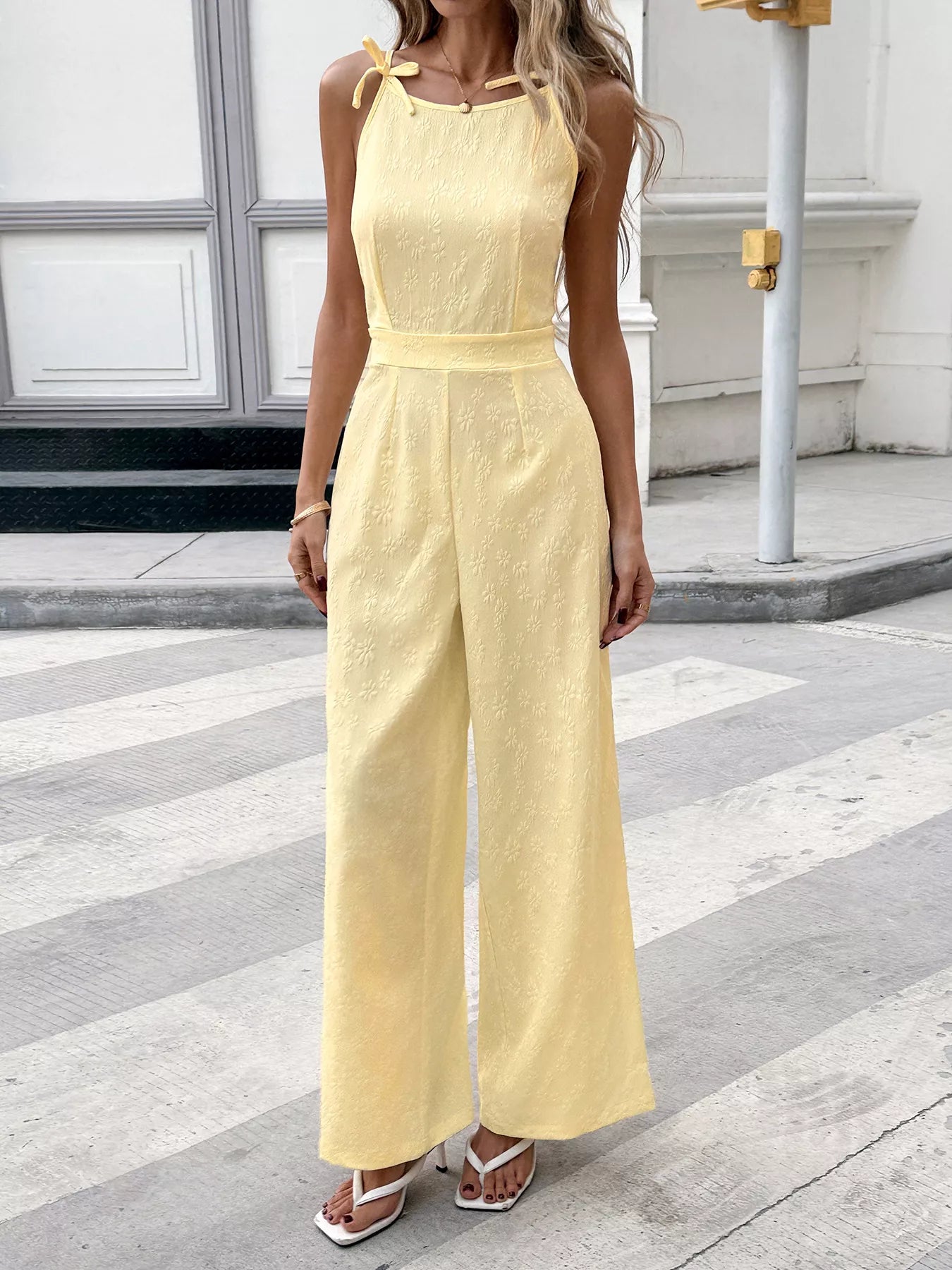 Tie Strap Textured Wide Leg Jumpsuit