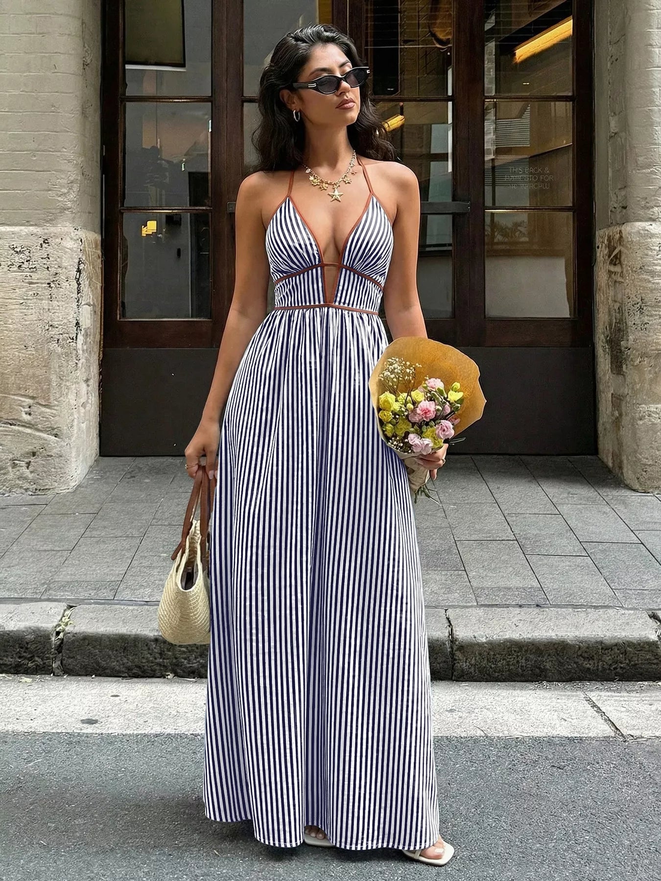 Striped Halter Neck Maxi Dress
