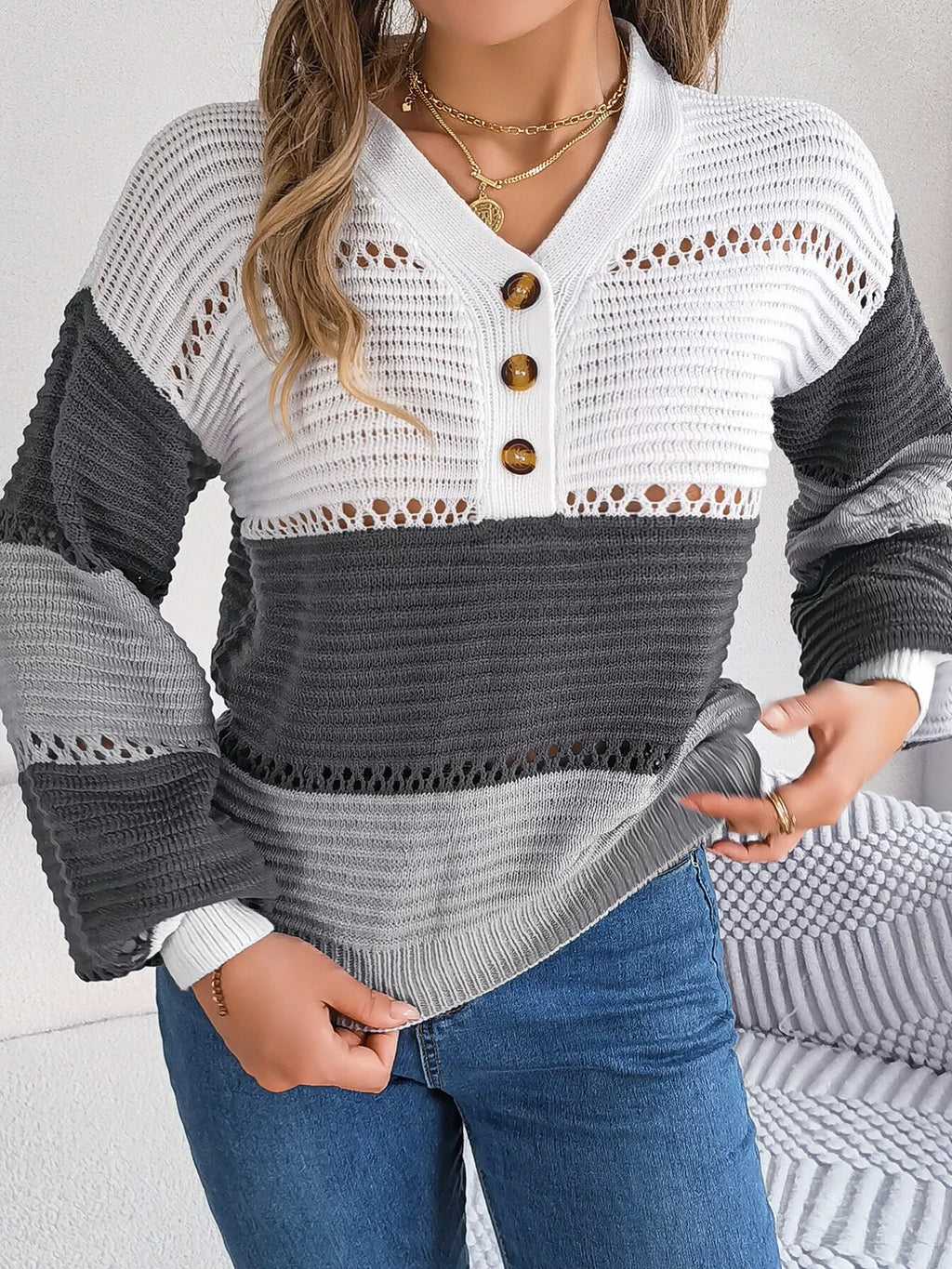 Color Block Striped V-Neck Button Detail Sweater
