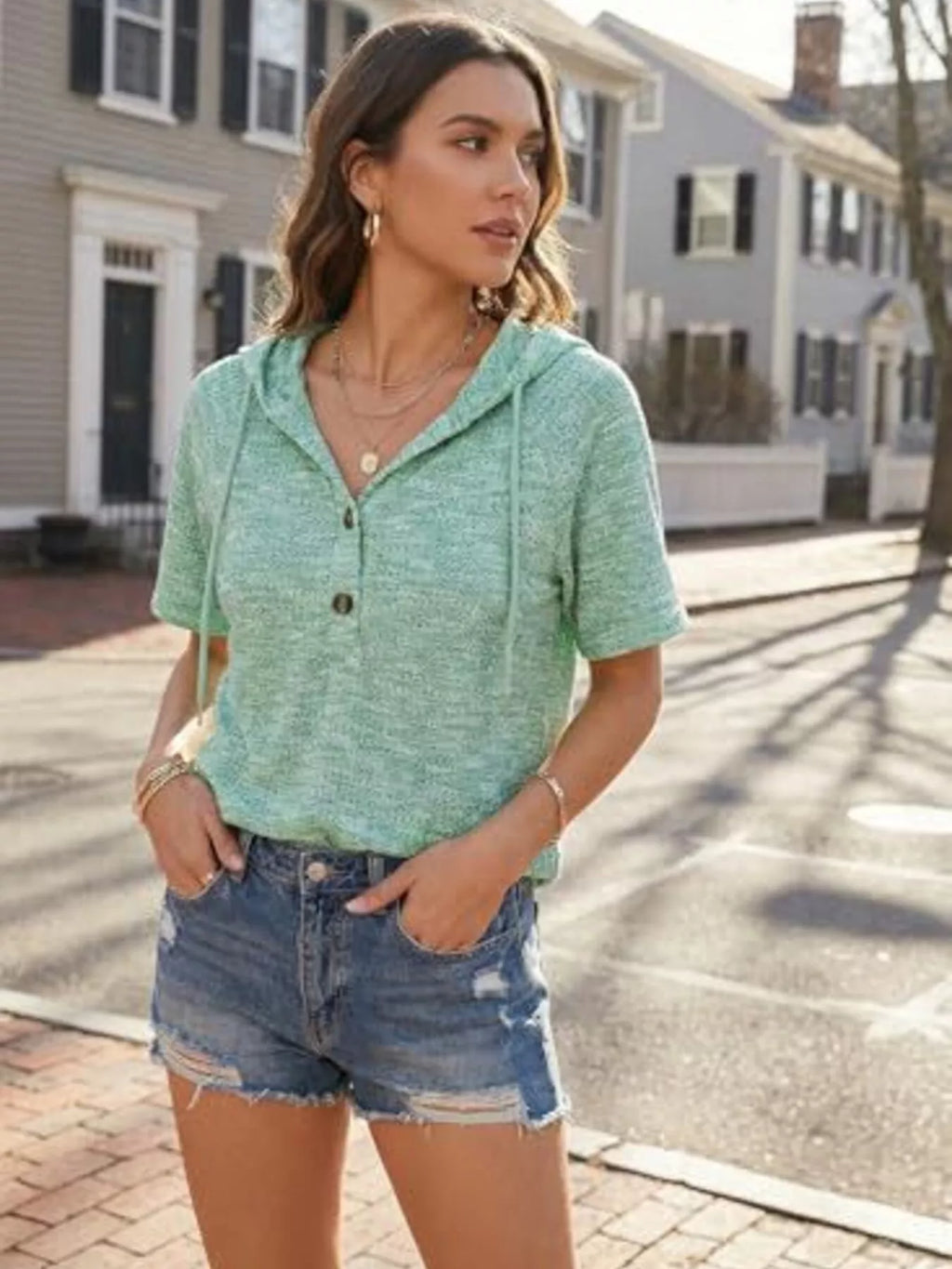 Drawstring Short Sleeve Hooded Top