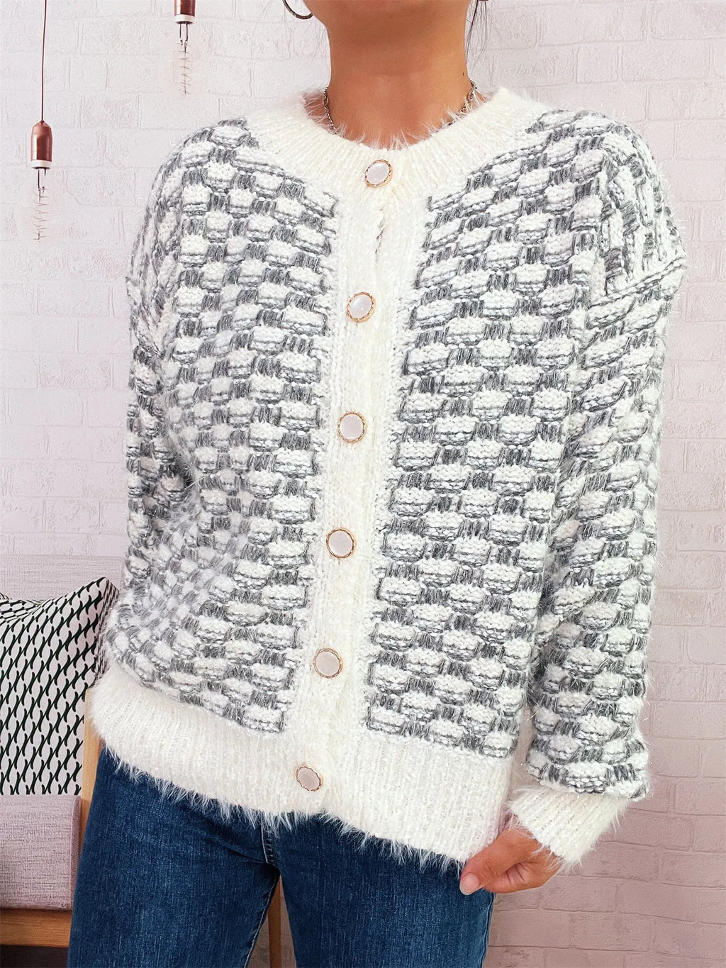 Fluffy Textured Button-Up Cardigan