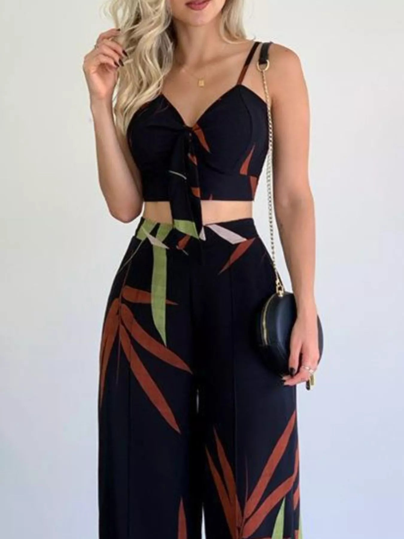 Tropical Print Spaghetti Strap Crop Top and Wide Leg Pants Set