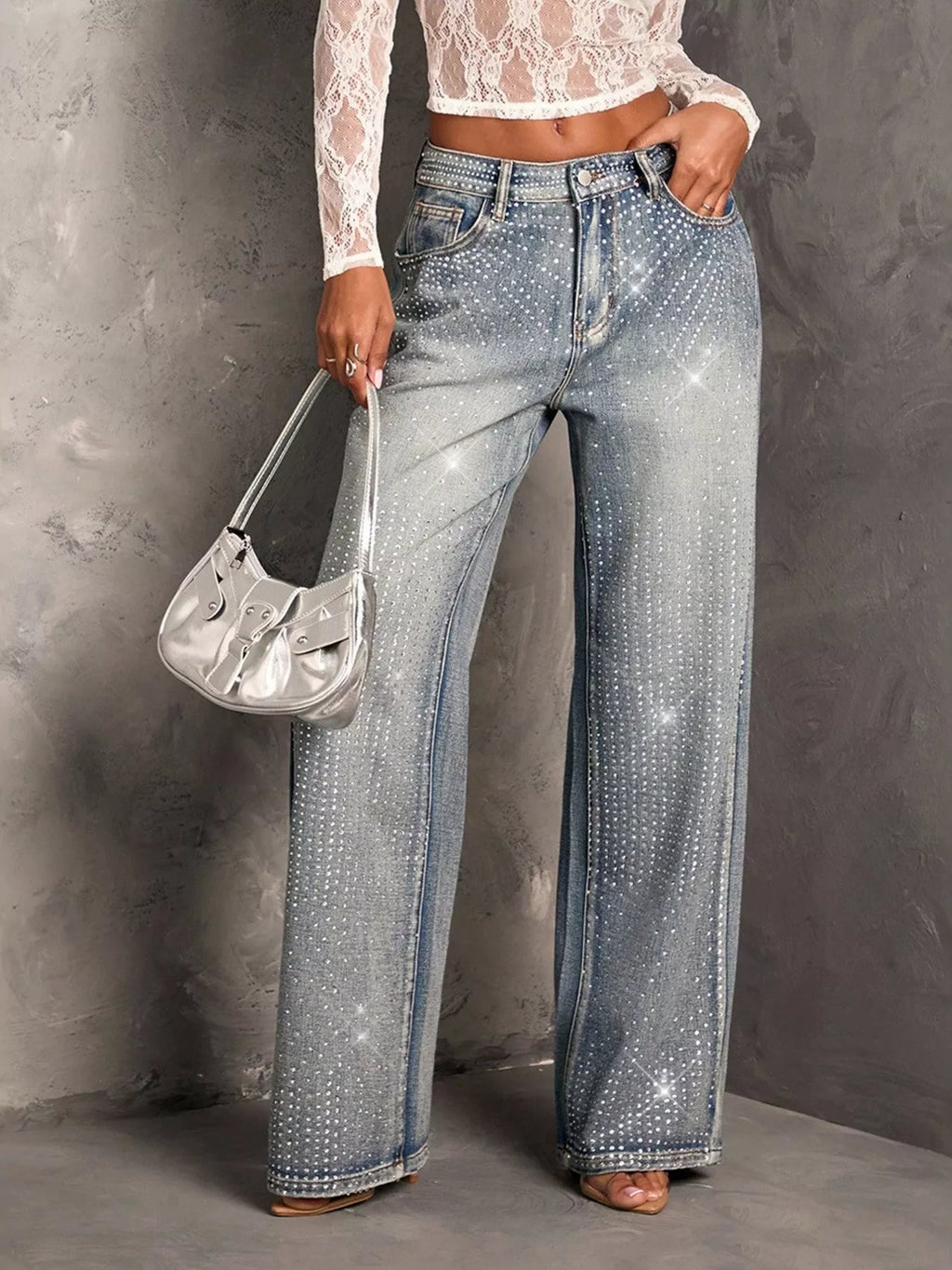 Rhinestone Wide-Leg Jeans