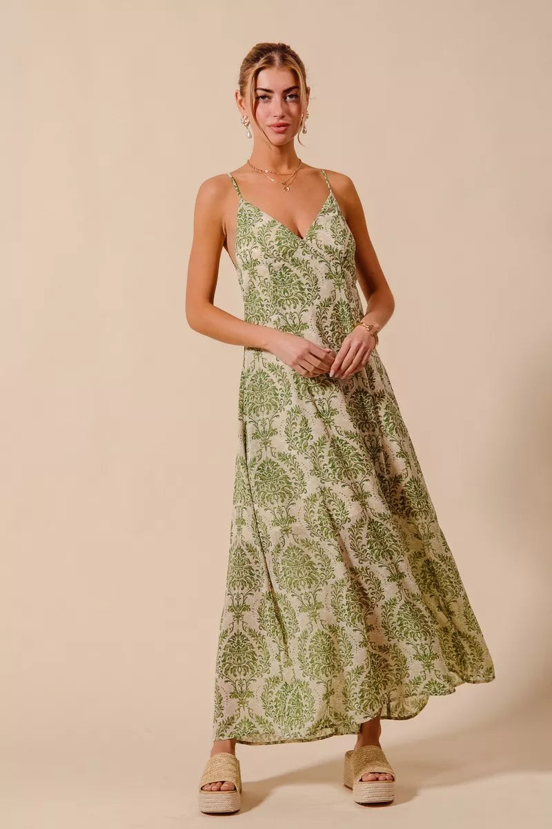 SO ME Damask Floral Summer Maxi Flowy Dress With Open Back