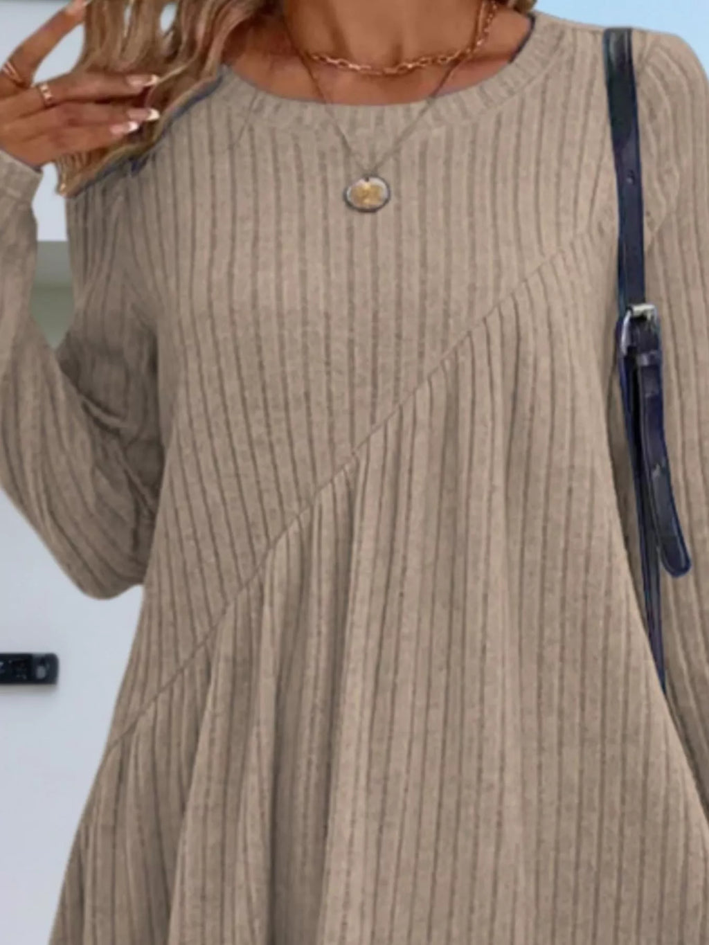 Casual Ribbed Knit Long Sleeve Swing Dress