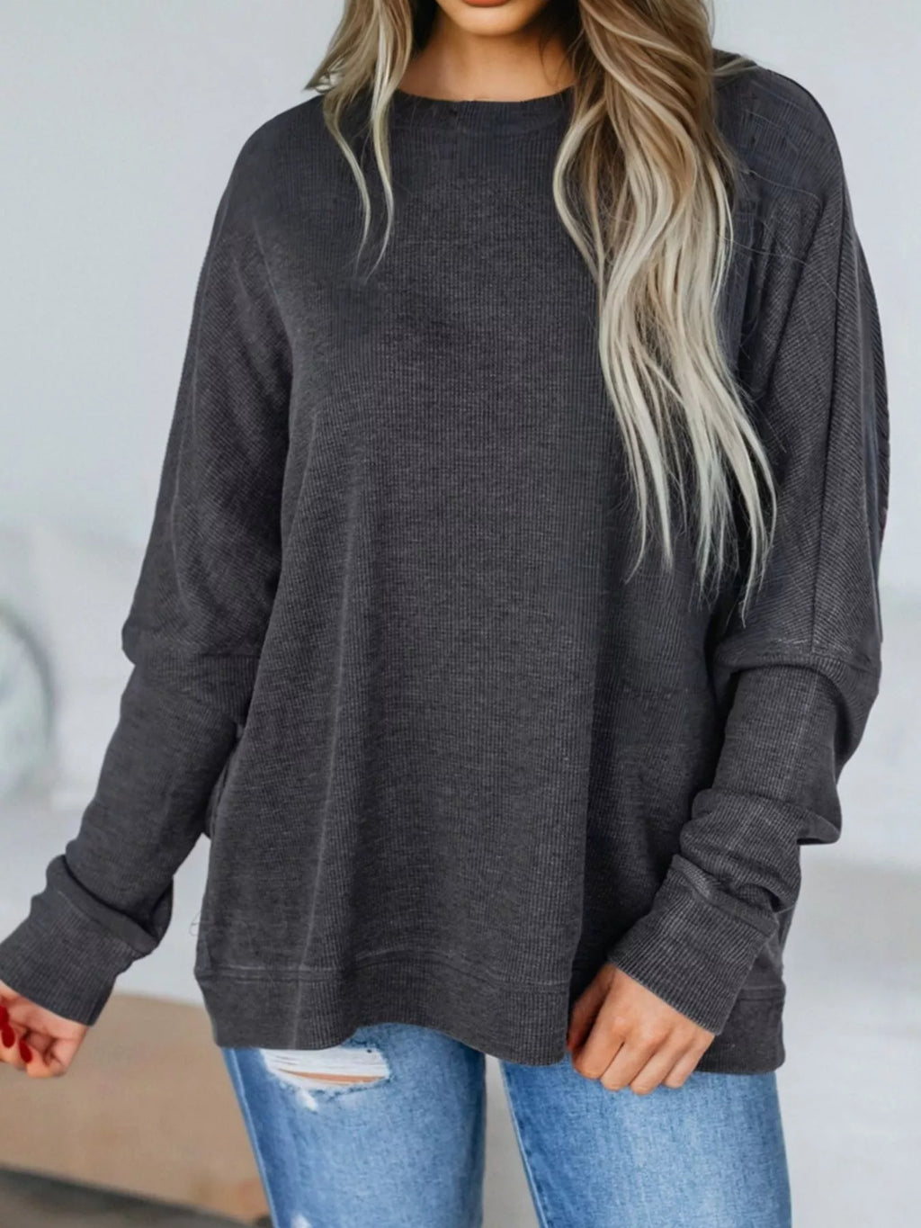 Waffle Knit Patchwork Long Sleeve Loose Sweatshirt