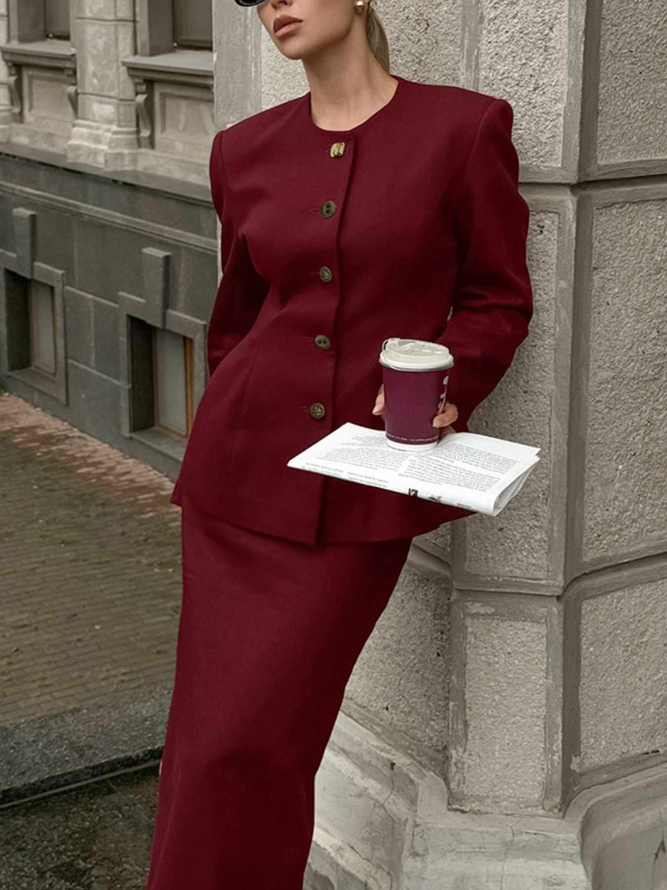 Button Up Peplum Blazer & Skirt Set