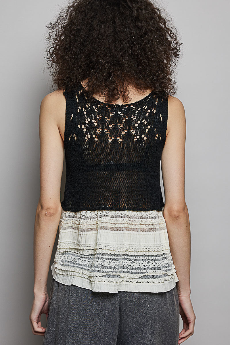 POL V-Neck Crochet Sweater Vest with Lace Trim