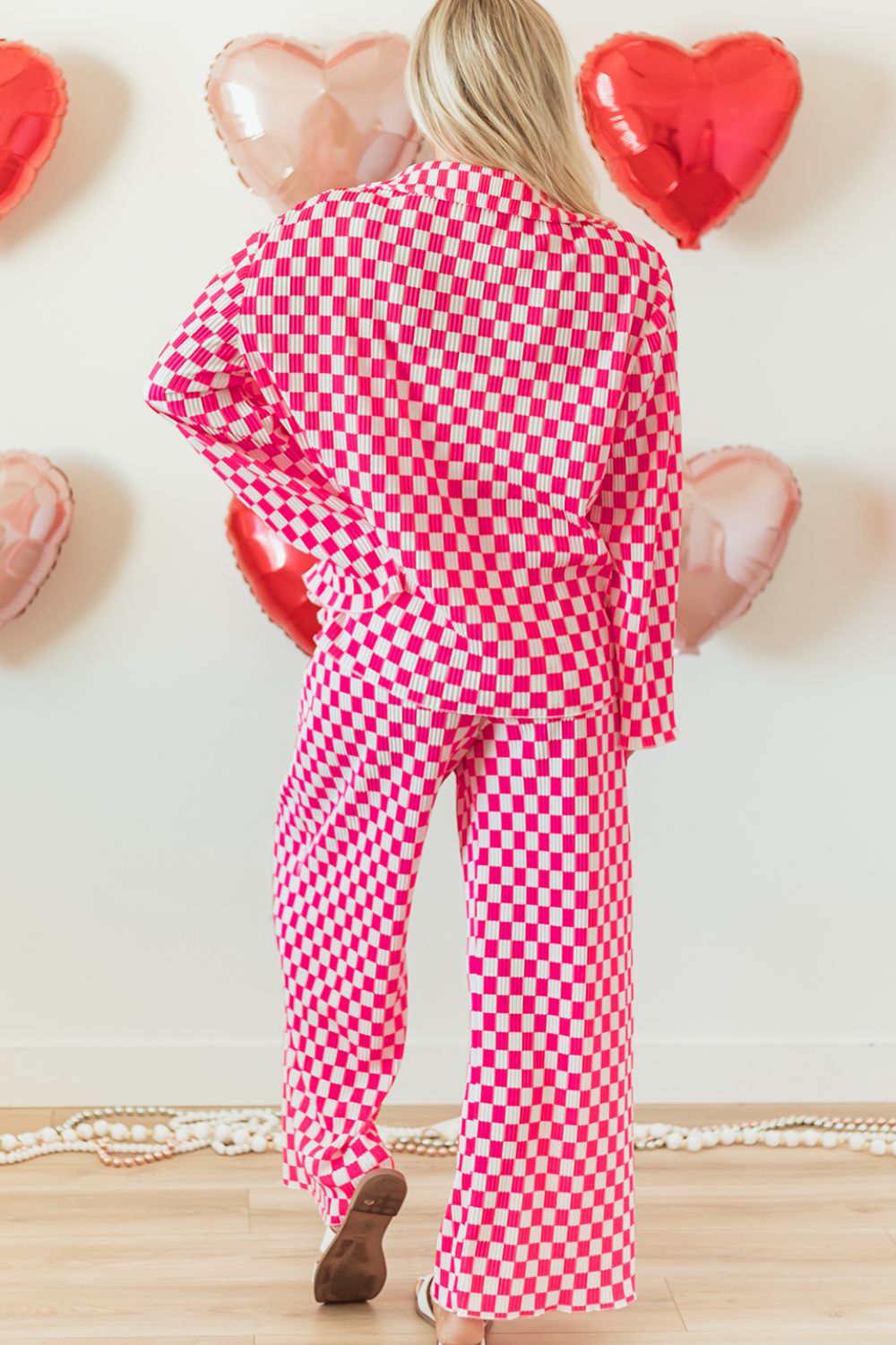 Checkerboard Print Long Sleeve Top and Pants Set