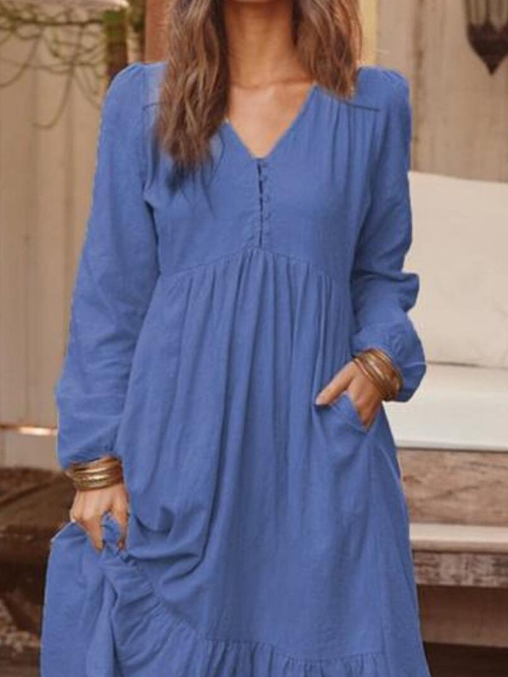 Full Size V-Neck Long Sleeve Tiered Maxi Dress Plus Size