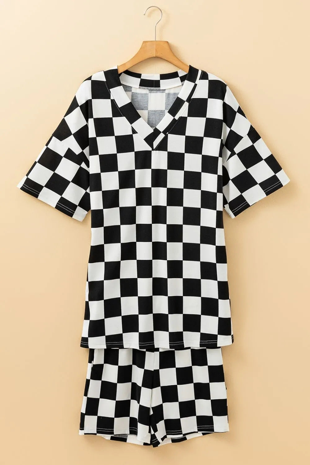Checkerboard V Neck Loose Tee and Shorts Set