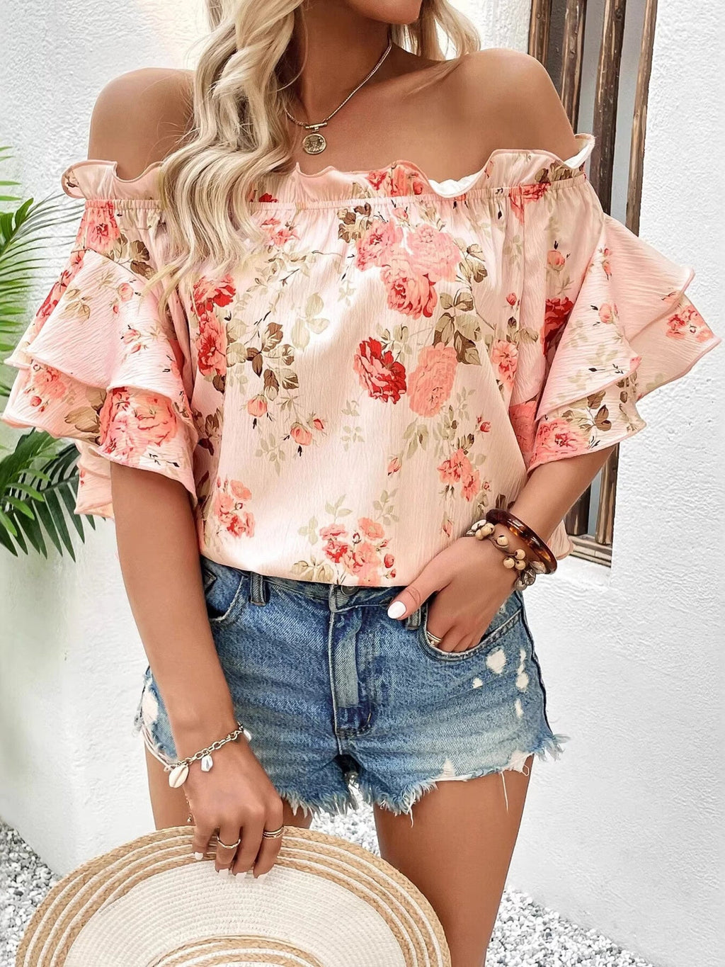 Floral Print Ruffle Off Shoulder Blouse