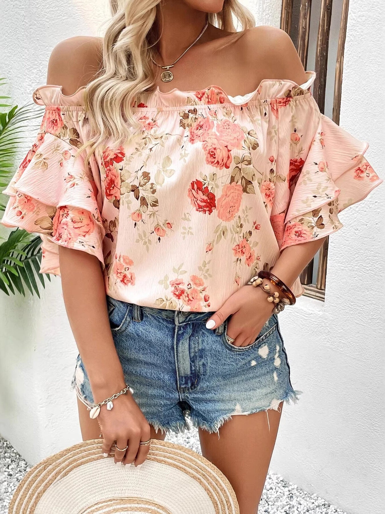Floral Print Ruffle Off Shoulder Blouse