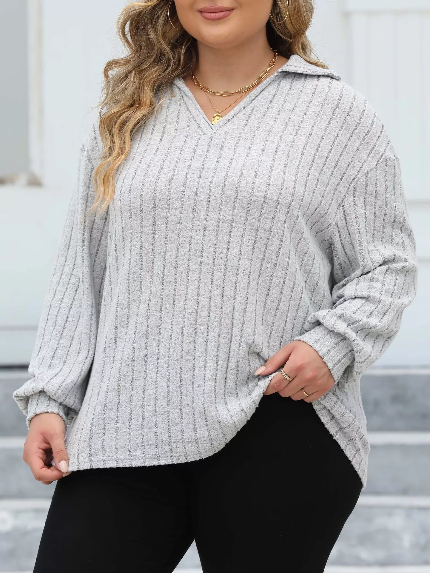Plus Size Ribbed Knit Polo Collar T-Shirt
