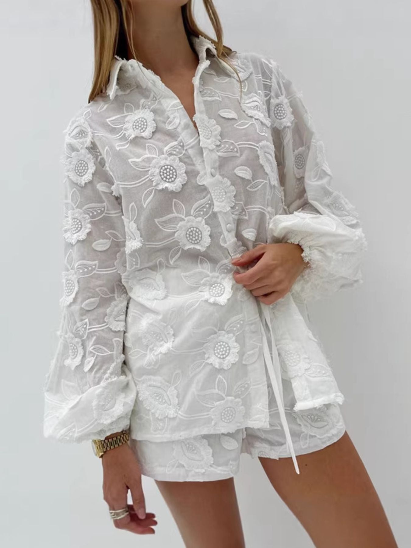 Floral Embroidered Shirt and Shorts Set