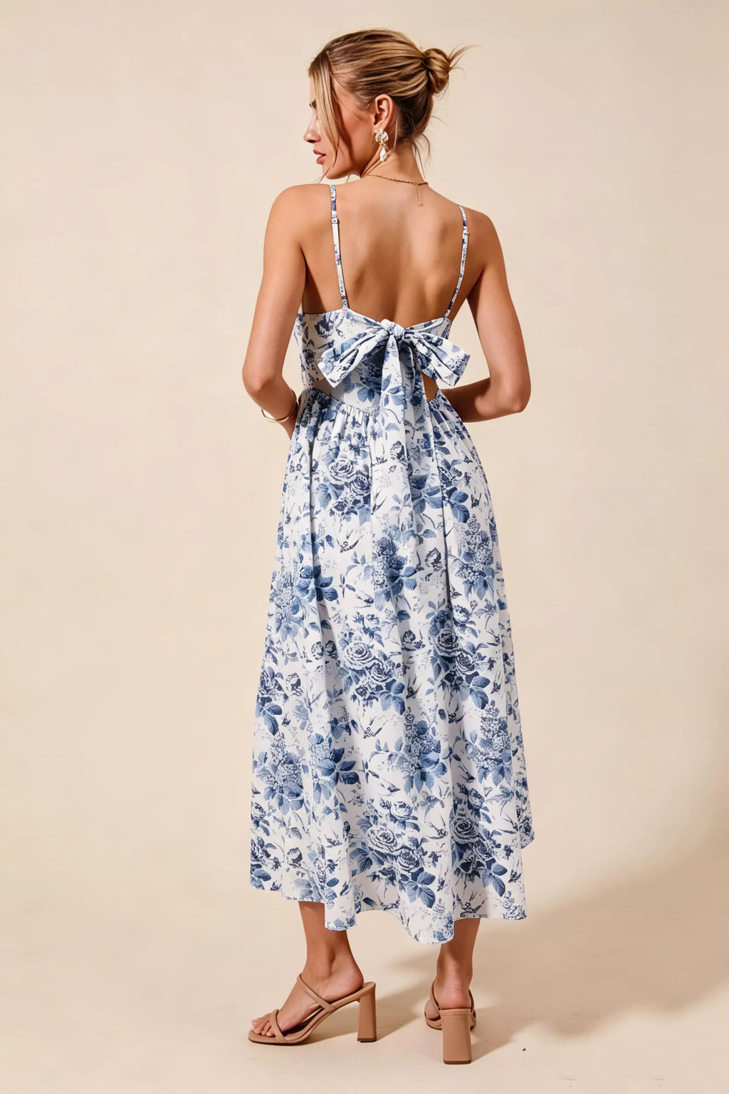 SO ME Floral Woven V Neck Dress With Back Ribbon Tie