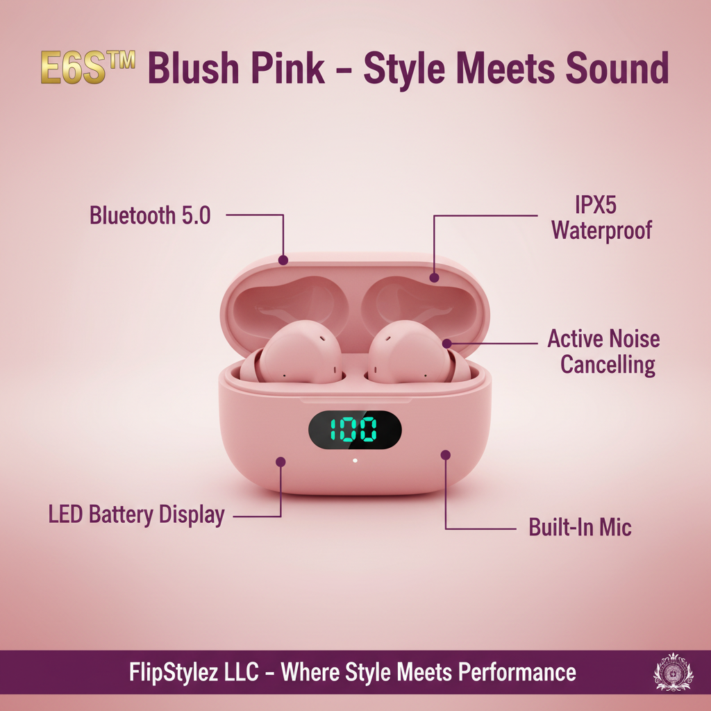 E6S™ TWS Bluetooth 5.0 Wireless Earbuds – Noise Cancelling, IPX5 Waterproof, LED Display, Mic, Black, White & Pink | FlipStylez LLC®