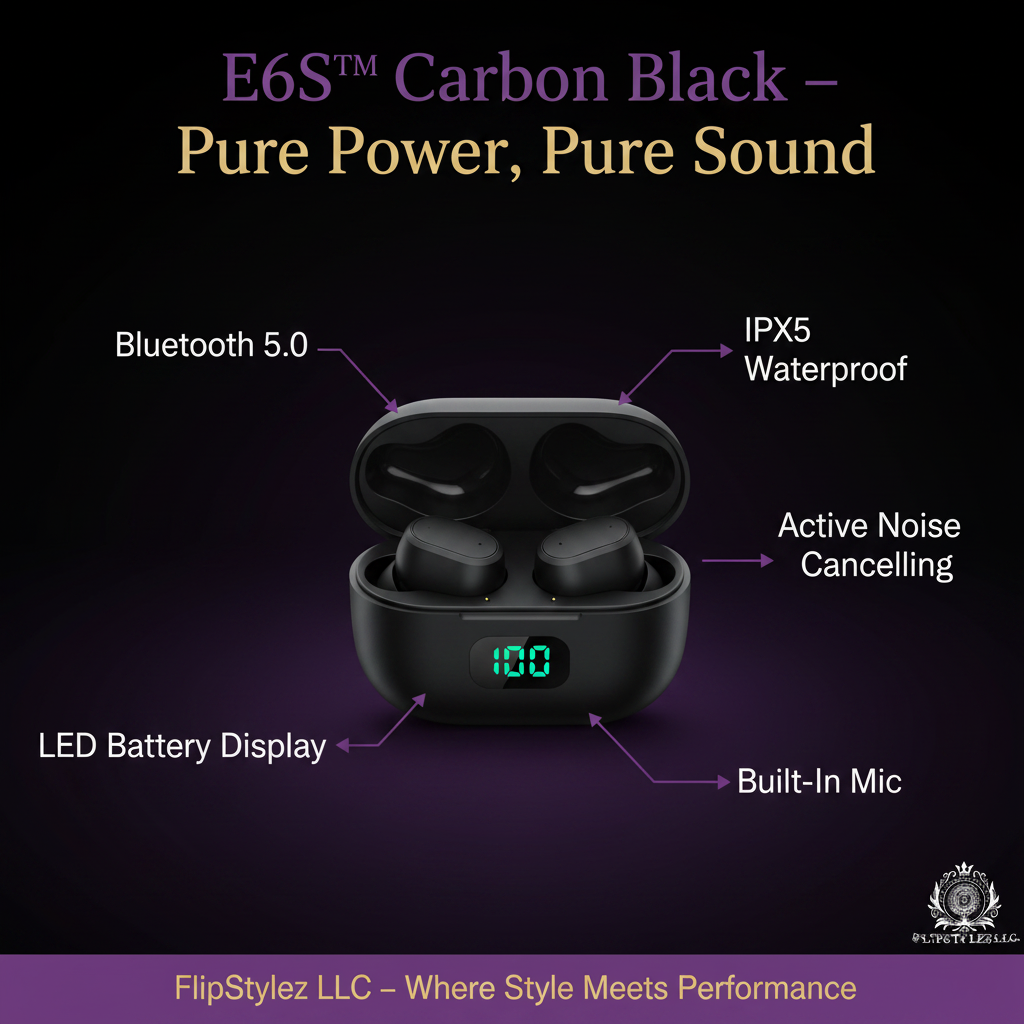 E6S™ TWS Bluetooth 5.0 Wireless Earbuds – Noise Cancelling, IPX5 Waterproof, LED Display, Mic, Black, White & Pink | FlipStylez LLC®