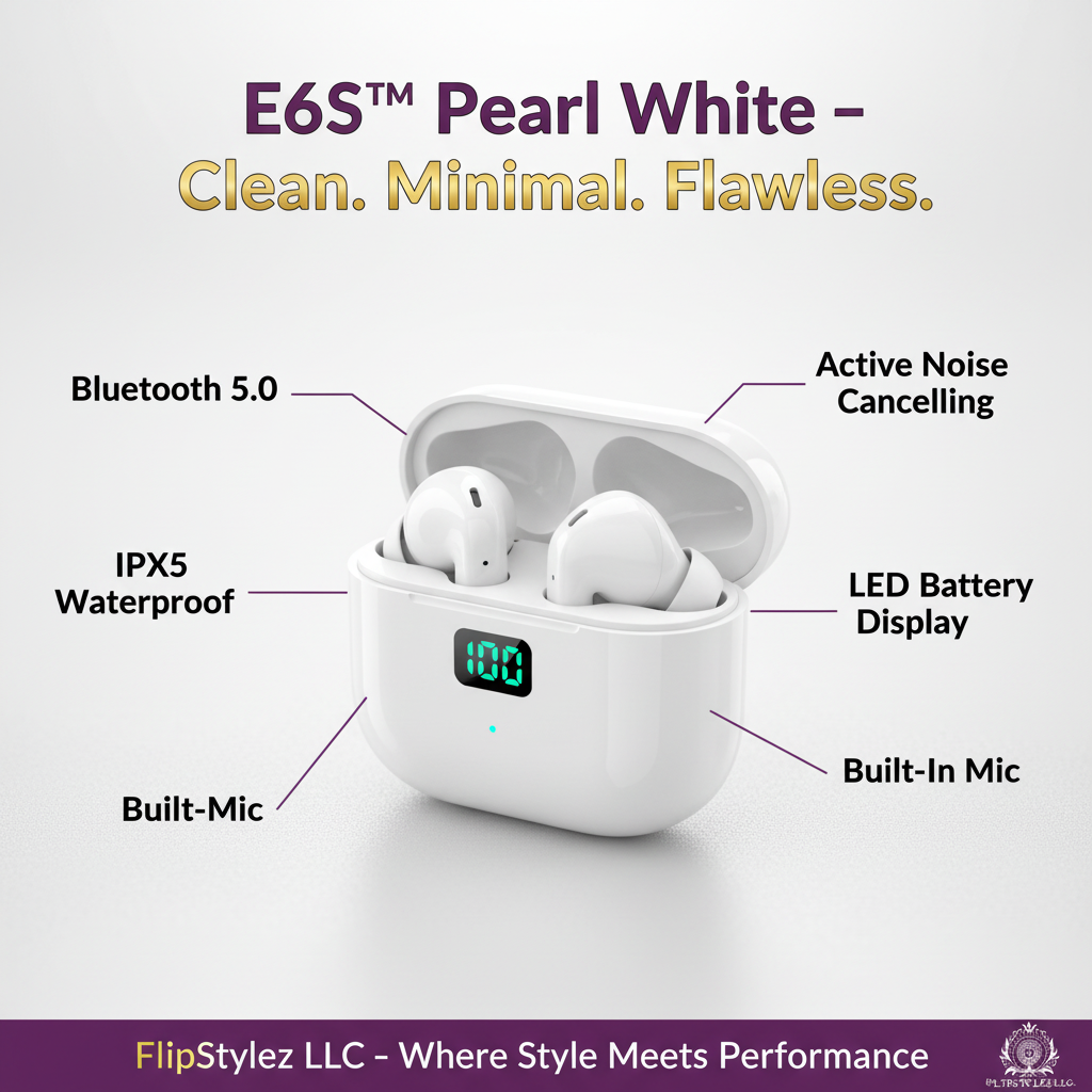 E6S™ TWS Bluetooth 5.0 Wireless Earbuds – Noise Cancelling, IPX5 Waterproof, LED Display, Mic, Black, White & Pink | FlipStylez LLC®