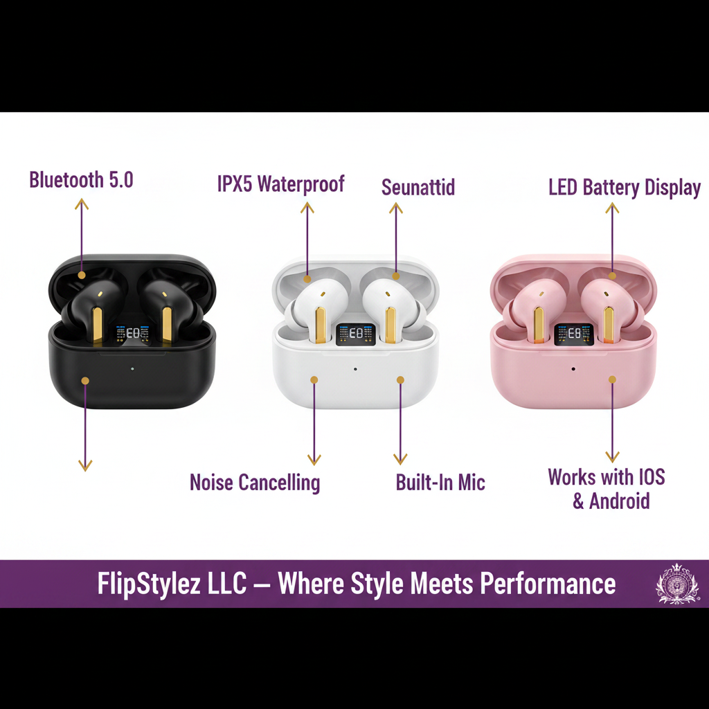 E6S™ TWS Bluetooth 5.0 Wireless Earbuds – Noise Cancelling, IPX5 Waterproof, LED Display, Mic, Black, White & Pink | FlipStylez LLC®