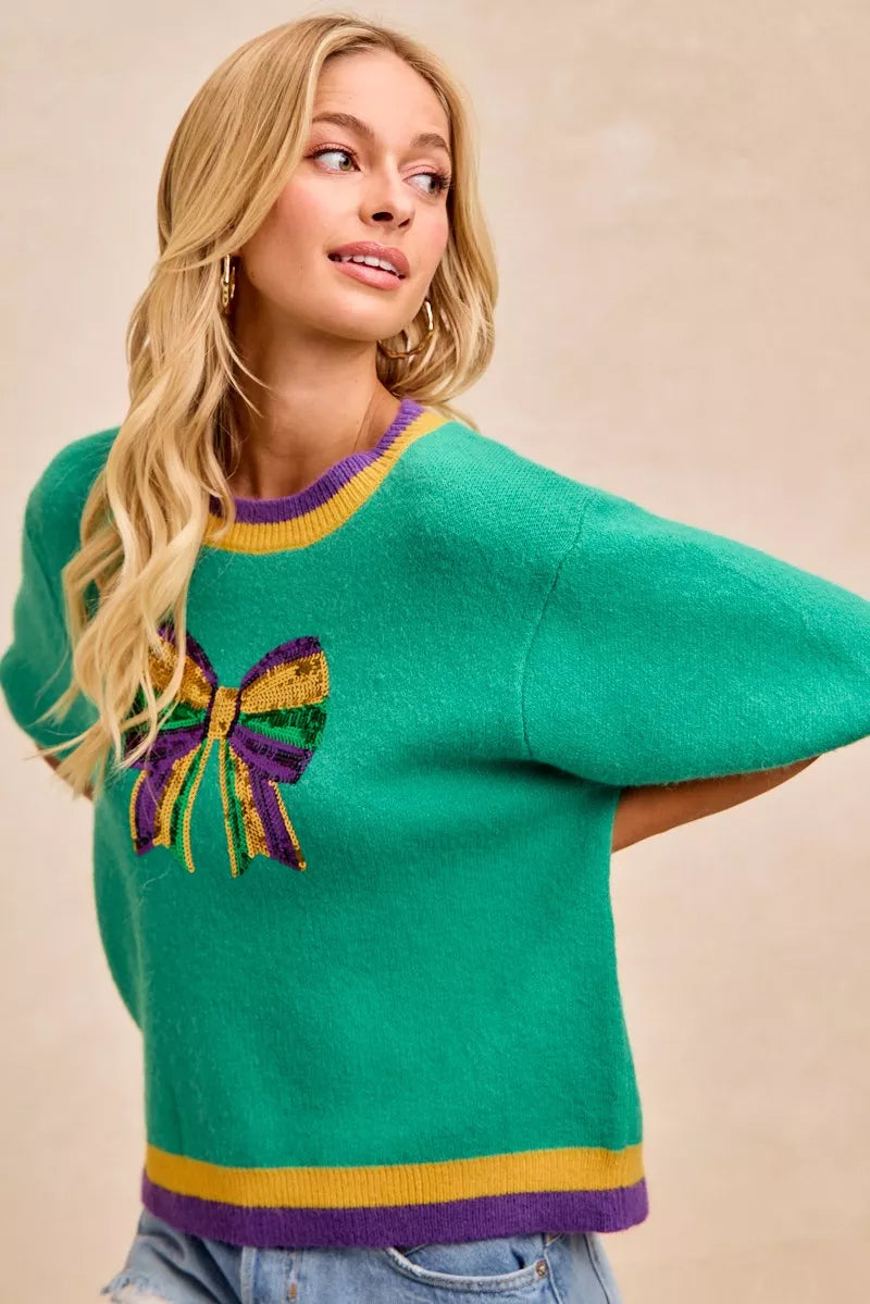 BiBi Mardi Gras Sequin Ribbon Patched Sweater