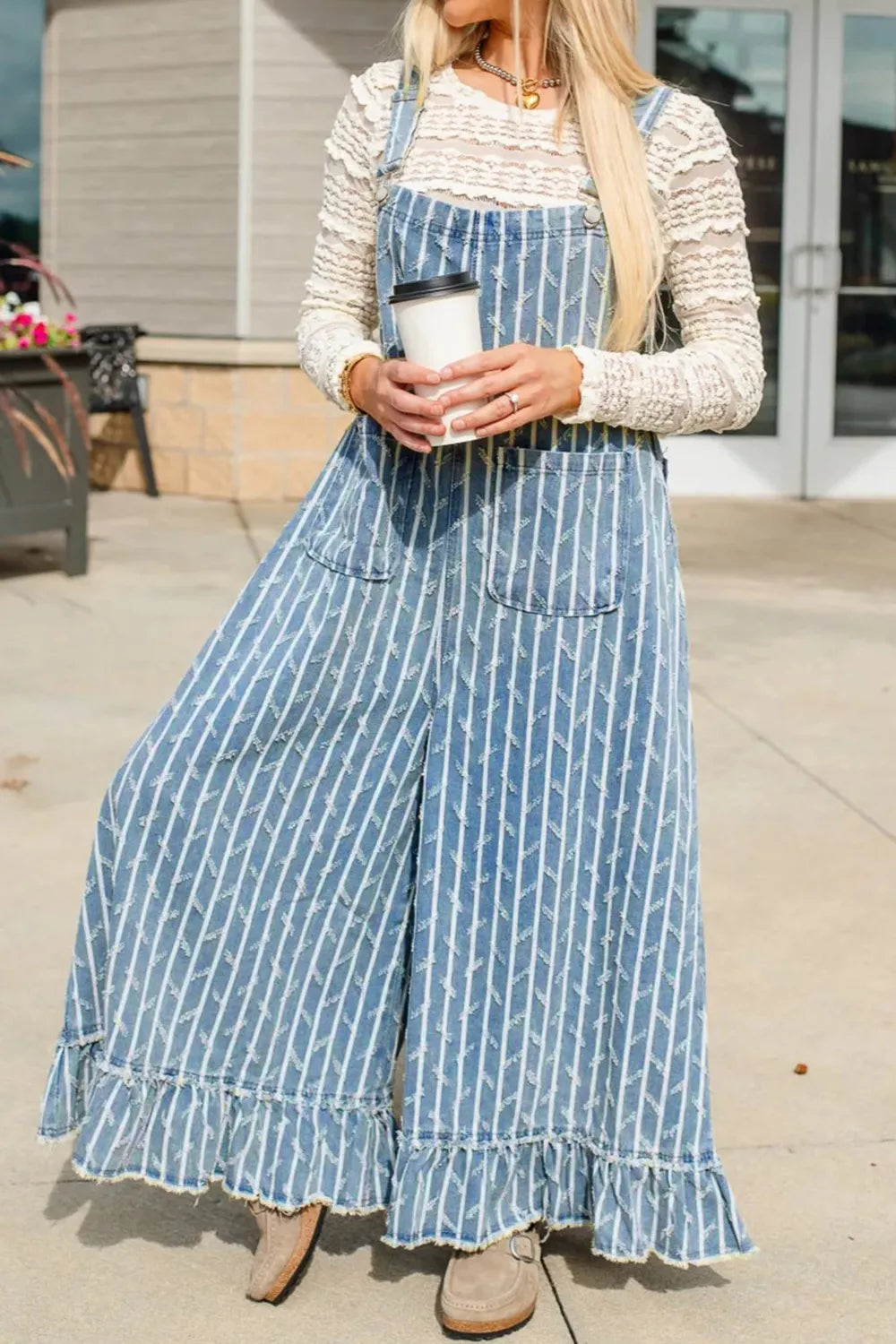 Striped Distressed Ruffled Wide Leg Denim Overalls