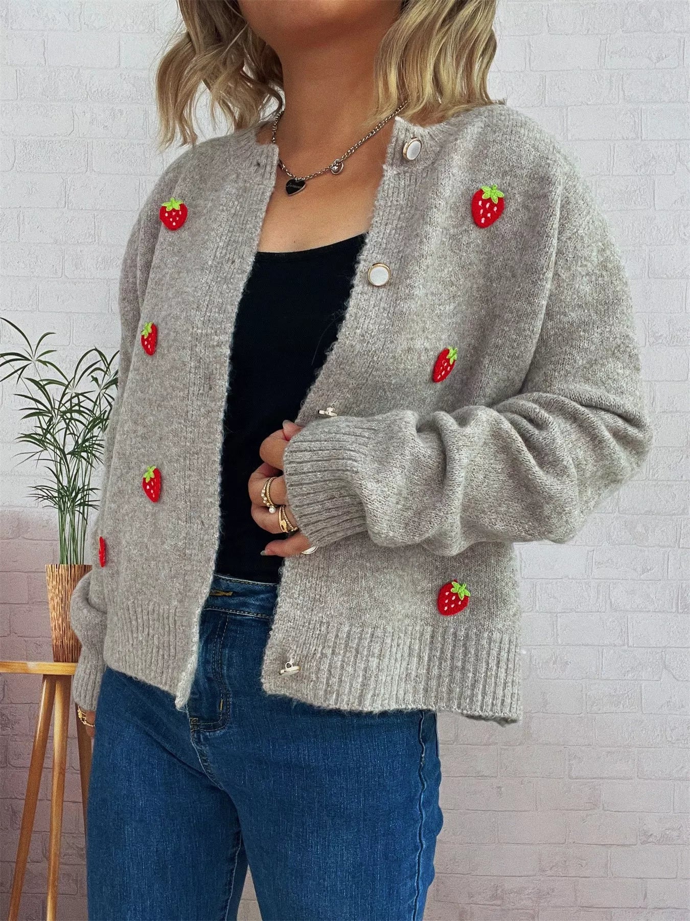 Strawberry Button Up Long Sleeve Cardigan