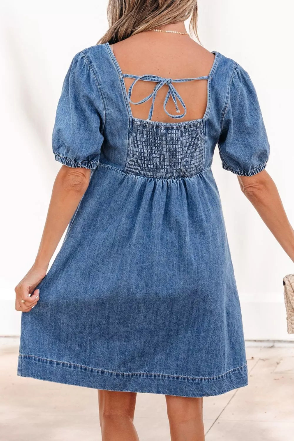 Button-Front Puff Sleeve Denim Dress