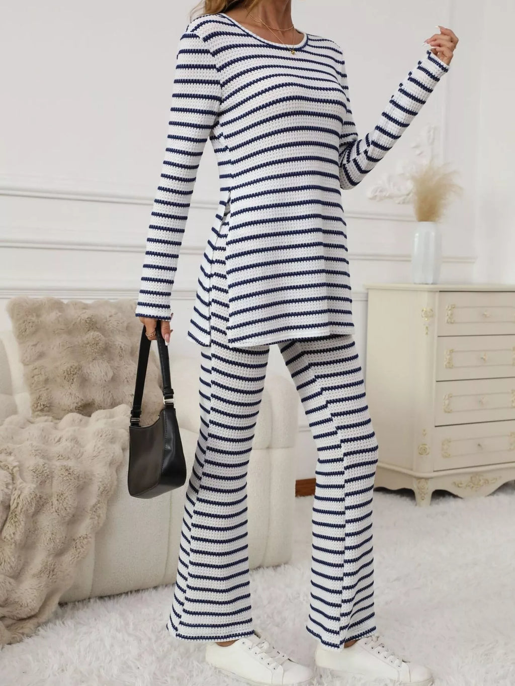 Slit Striped Long Sleeve Top and Pants Set