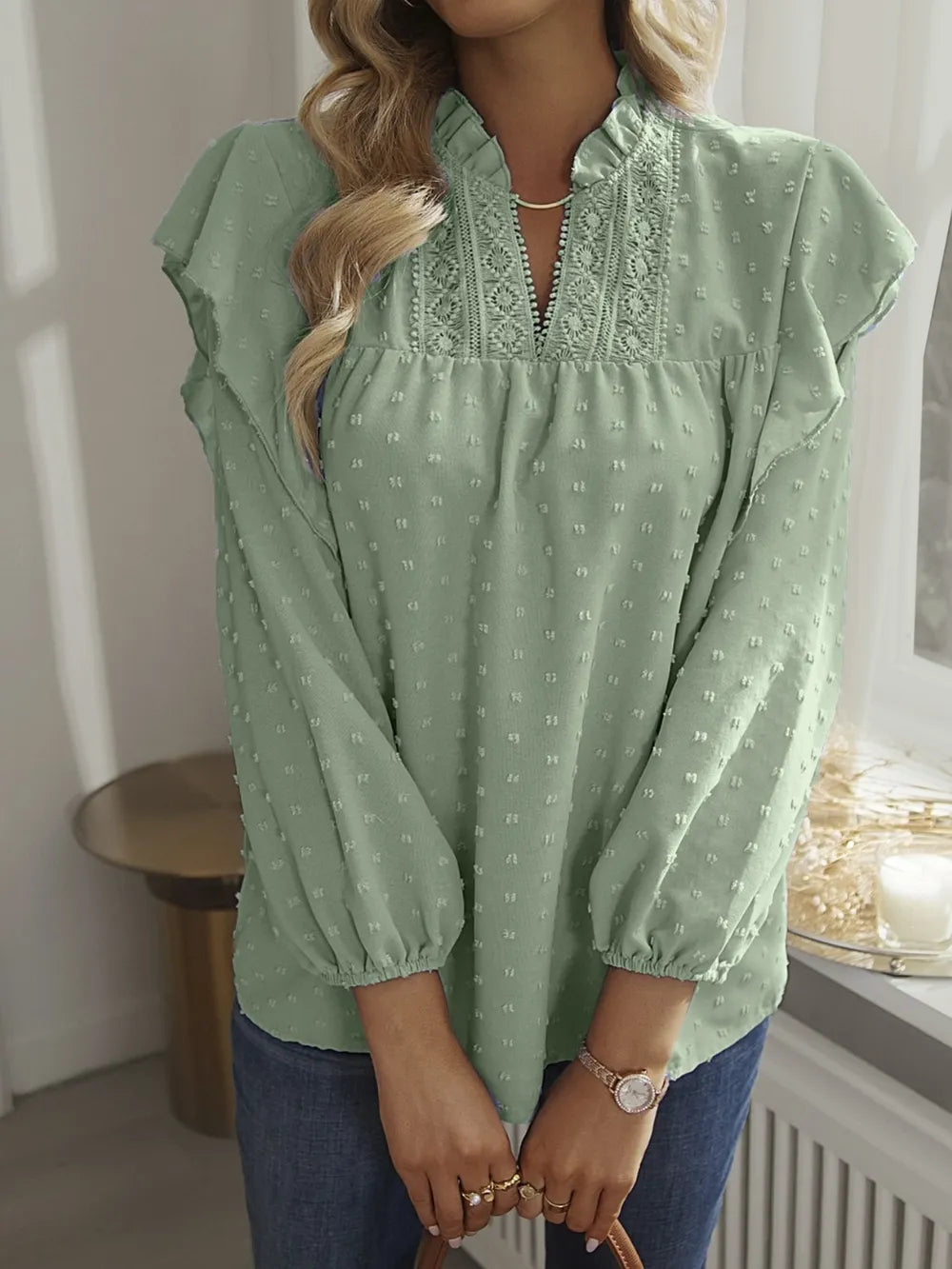 Swiss Dot Ruffled Long Sleeve Blouse