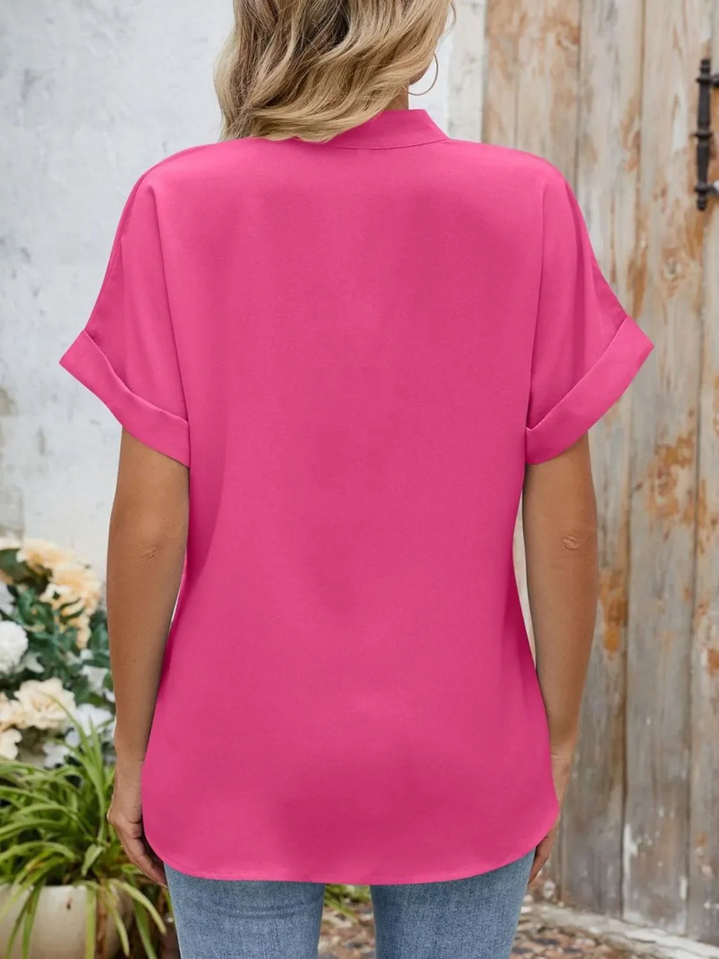 Notched Short Sleeve Blouse