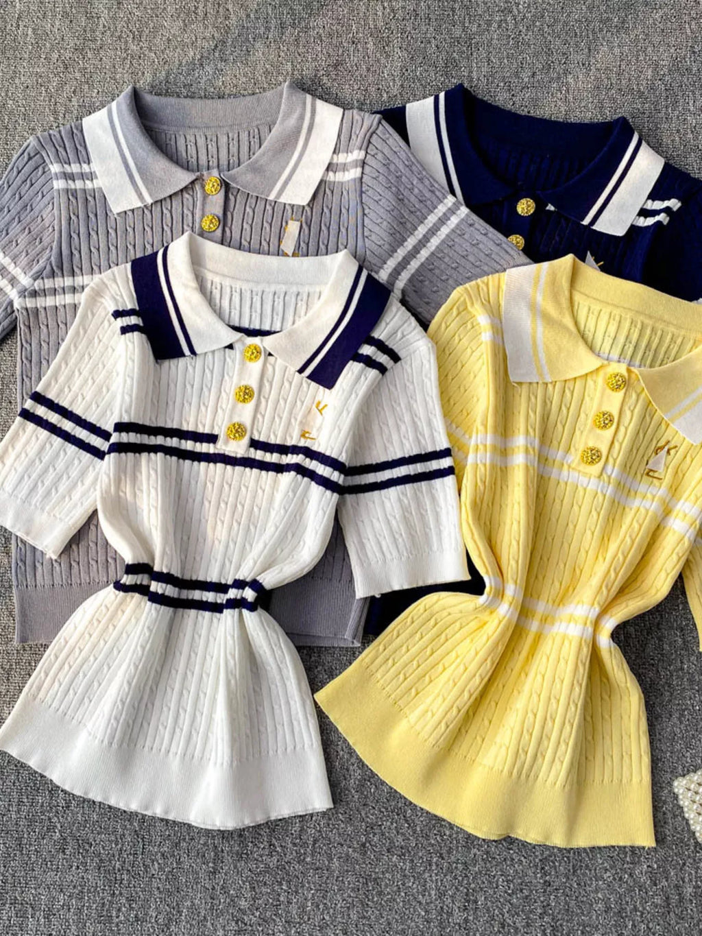 Striped Knit Polo Collar Top