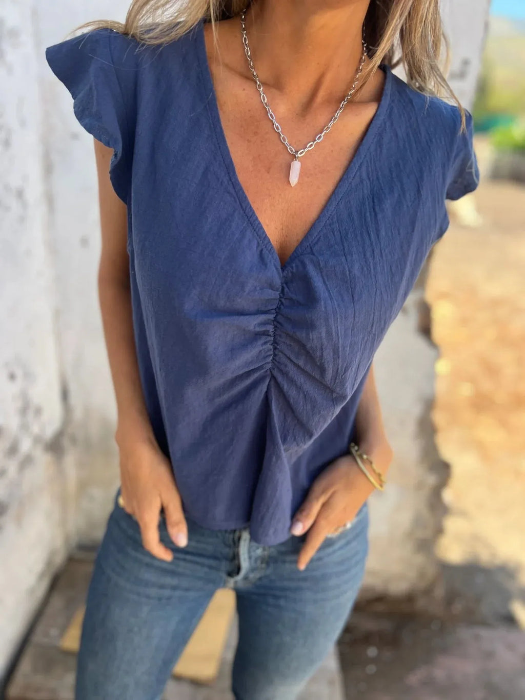 Full Size Ruched V-Neck Cap Sleeve Blouse Plus Size