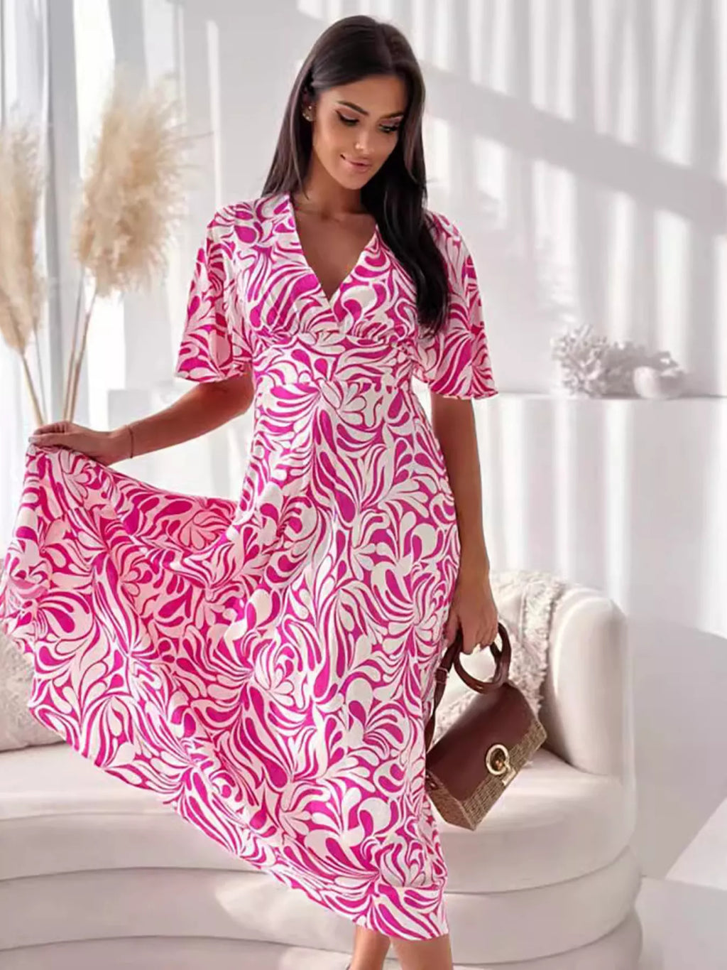 Printed Flutter Sleeve Midi Dress