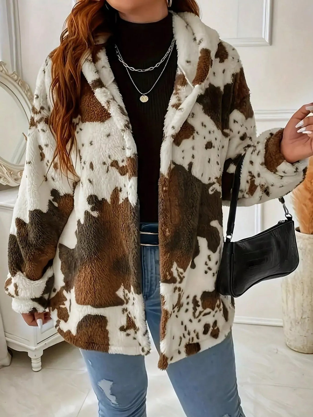 Cow Print Plush Hooded Outerwear